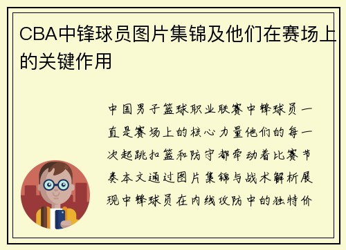 CBA中锋球员图片集锦及他们在赛场上的关键作用