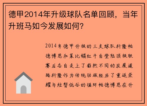 德甲2014年升级球队名单回顾，当年升班马如今发展如何？